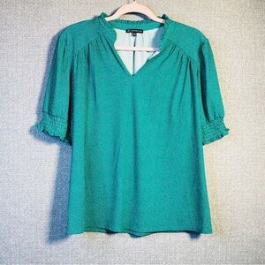 Adrianna Papell Large Women’s Green Black Dot Print Blouse Top Ruffled Sleeves